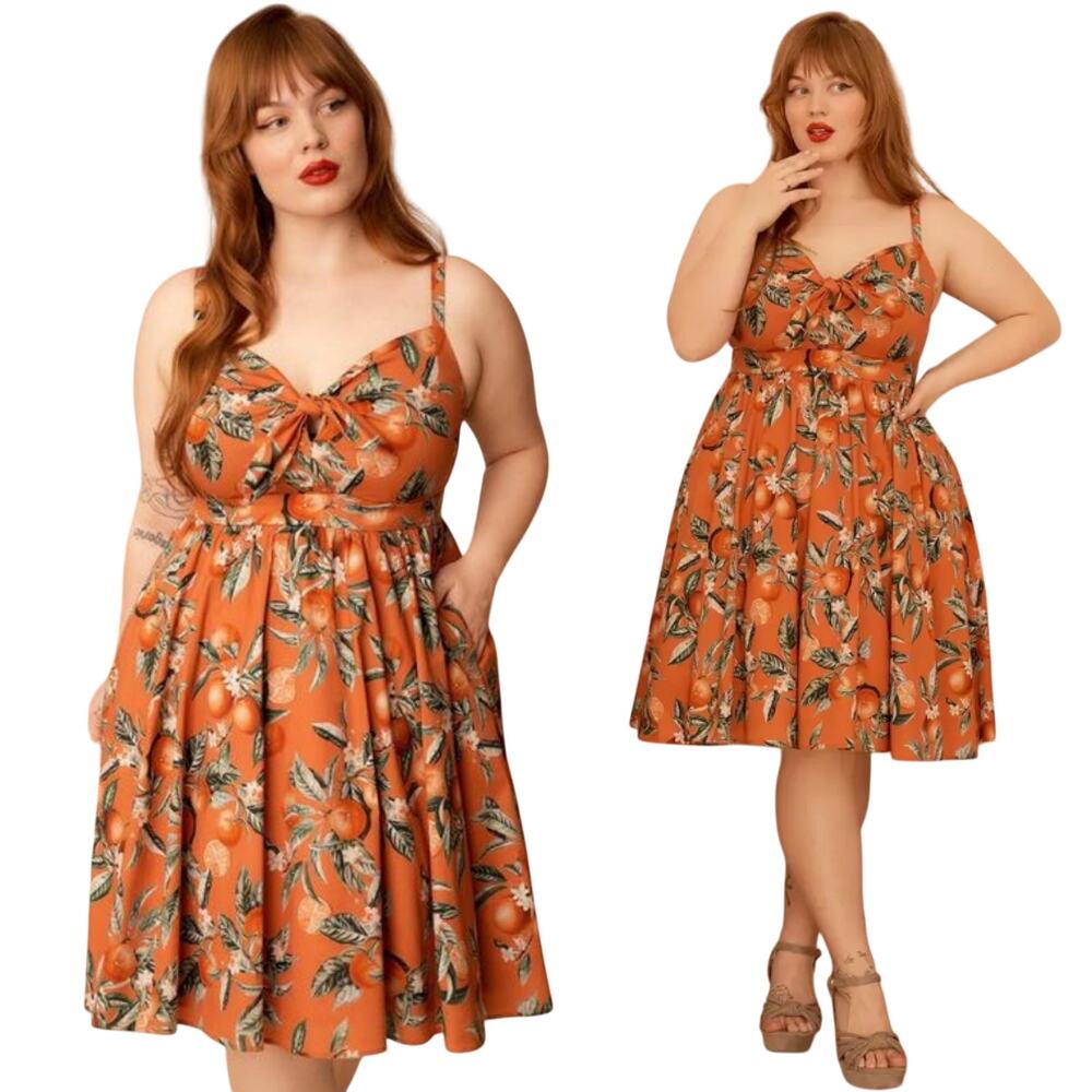 Torrid Retro Chic Printed Tie Front Skater Dress Fit & Flare Orange Womens